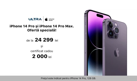Cumpără iPhone 14 Pro sau iPhone 14 Pro Max și ai Certificat Cadou de 2000 lei