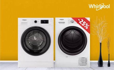 Cumpără o mașină de spălat Whirpool și ai o reducere de 25% la uscătorul de rufe