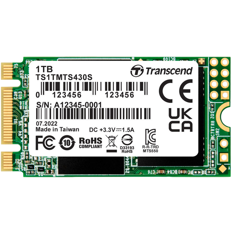 .M.2 SATA SSD 1.0TB  Transcend  MTS430S [42mm, R/W:560/520MB/s, 85K/85K IOPS, SM2258, 560TBW]