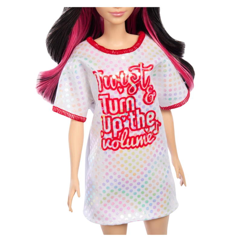 HRH12 Papușa Barbie “Fashionista cu păr negru ondulat in rochie Twist‘n’Turn”