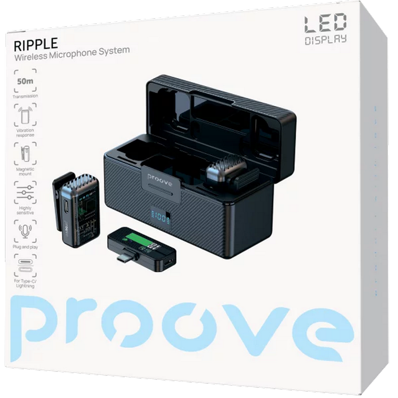 Microfon portabil pentru înregistrare vocală Proove Ripple Fără fir/Cu fir Negru