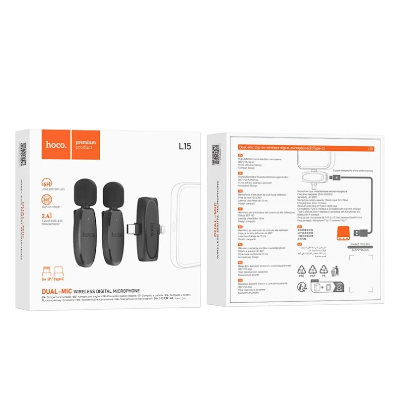 Портативный записывающий микрофон Hoco L15 Беспроводной/Проводной Черный