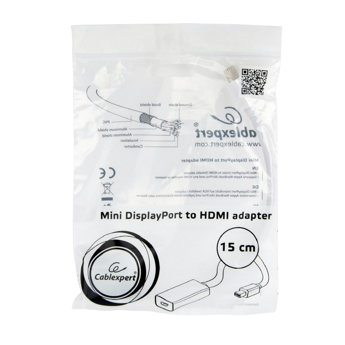 Видеоадаптер Cablexpert A-mDPM-HDMIF-02-W, MiniDP (M) - HDMI (F), 0,15м, Белый