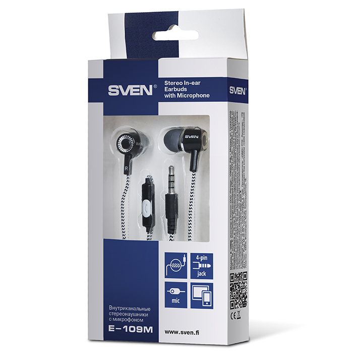 Earphones SVEN E-109M, Black, with Microphone, 4pin 3.5mm mini-jack, cable 1.2m