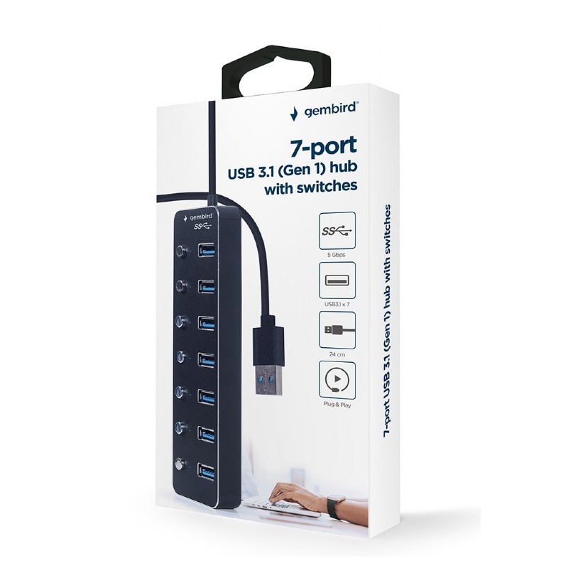 USB  3.0 Hub 7-port  with switches, Cable 24 cm, Gembird 