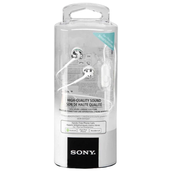 Гарнитура для мобильных телефонов SONY MDR-EX110AP, Проводной аналоговый, Белый