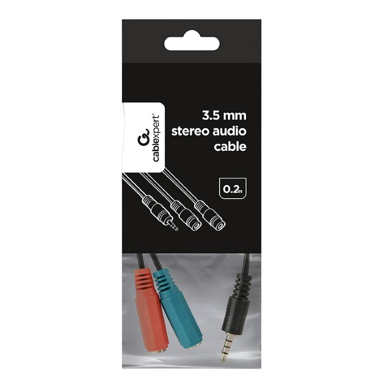 CCA-417 3.5 mm 4-pin plug to 3.5 mm stereo + microphone sockets adapter cable, 20cm, Black
