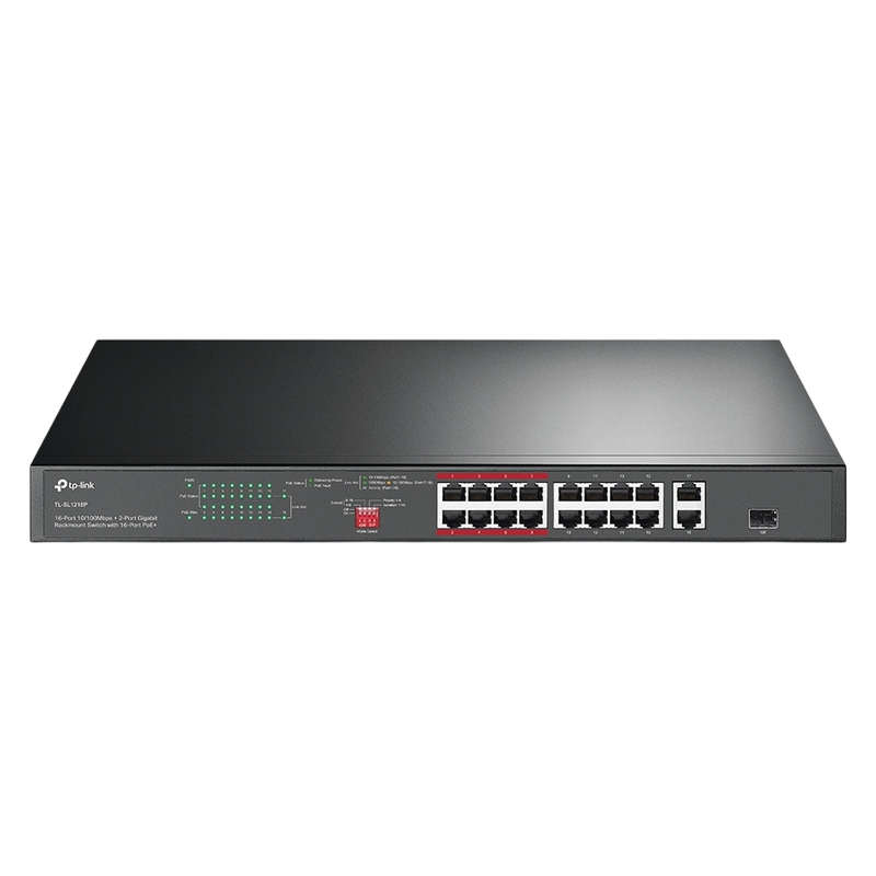 16-port 10/100M TP-Link PoE+ Switch, TL-SL1218P v5, 2xGbit, 1xSFP combo, 150W budget, Auto Recovery,