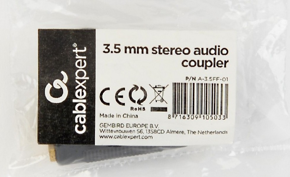 Audio adapter 3-pin*3.5 mm socket to 3-pin*3.5 mm socket, Cablexpert A-3.5FF-01