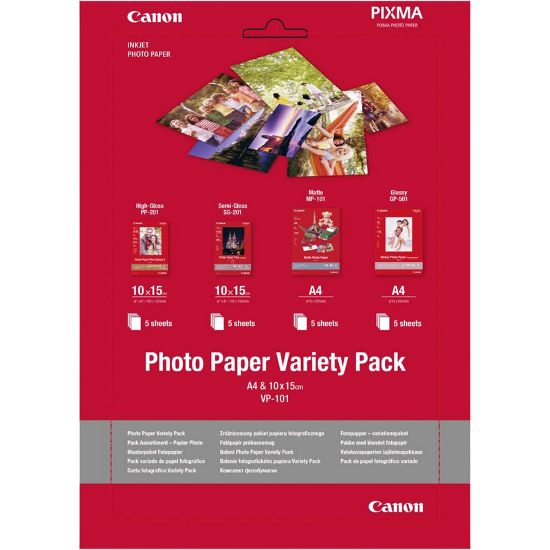 Paper Canon - Photo Paper VP101S Kit 1, Variety Pack (MP-101/SG-501/SG-201,PP-201), A4 & 102 x 152mm