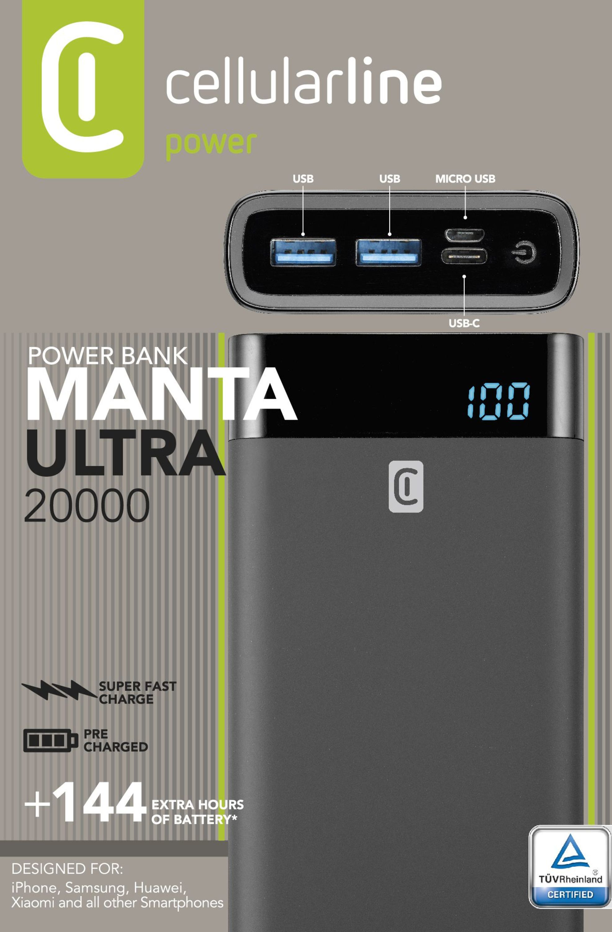 Acumulator extern Cellularline FreePower MANTA 20000, 20mAh, Negru