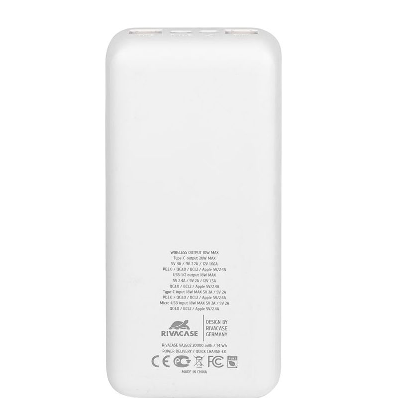 Wireless Power Bank Rivacase 20000 mAh QC 3.0/PD, VA2602, White