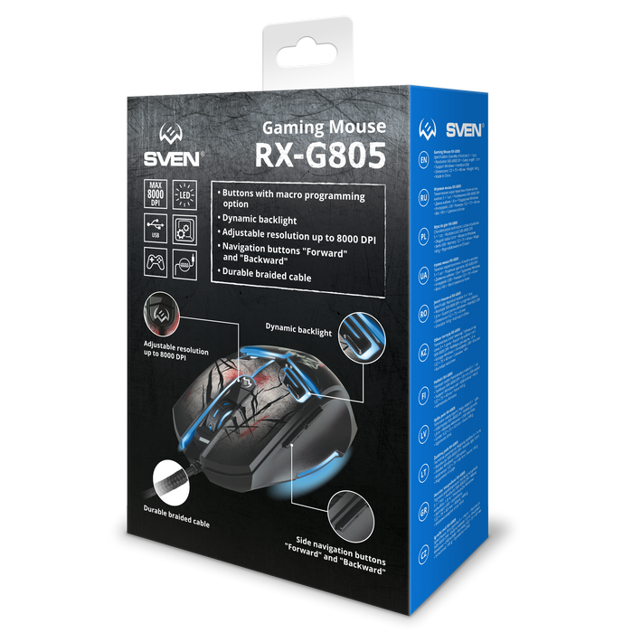 Gaming Mouse SVEN RX-G805, 500-8000 dpi, 6 buttons, Programmable, RGB, Backlight, Black, USB