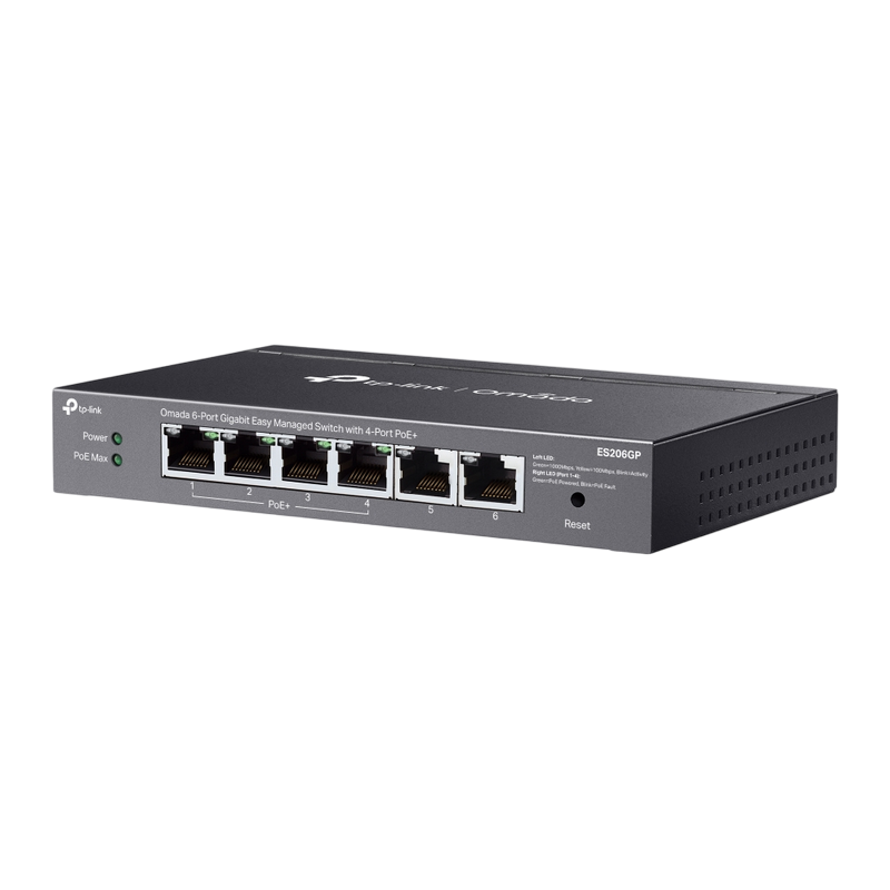 .6-port Gigabit Switch TP-LINK, "ES206GP", with 4 port PoE+, Auto Recovery, 65W Budget, steel case