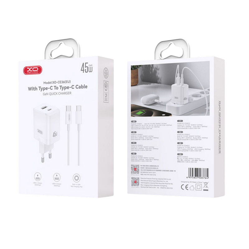 Încărcător XO 1Type-C + 1USB Alb