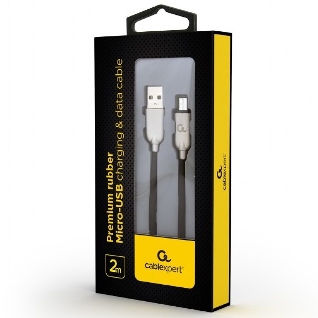 Blister MicroUSB/USB2.0,   2.0 m, Cablexpert Premium Rubber Black, CC-USB2R-AMmBM-2M