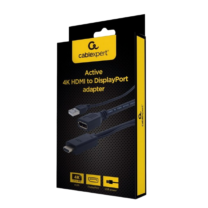Видеоадаптер Cablexpert A-HDMIM-DPF-01, HDMI (M) - DisplayPort, USB Type-A, 0,1м, Чёрный
