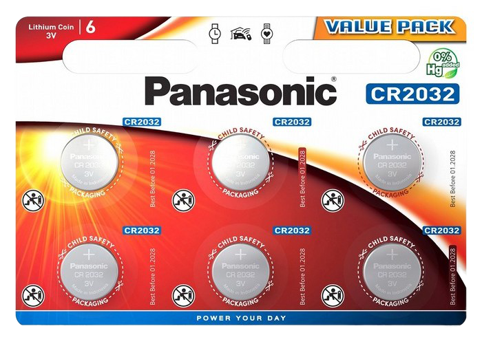 Дисковые батарейки Panasonic CR-2032EL, CR2032, 6шт.