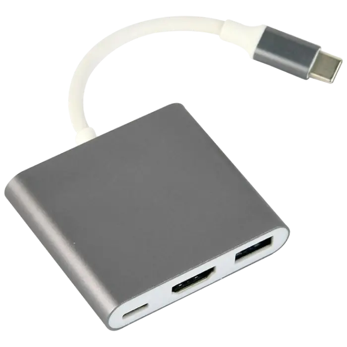 Видеоадаптер Cablexpert A-CM-HDMIF-02-SG, USB-C (M) x USB-C (F) - XHDMI (F) x USB A (F), 0,1м, Серебристый - photo