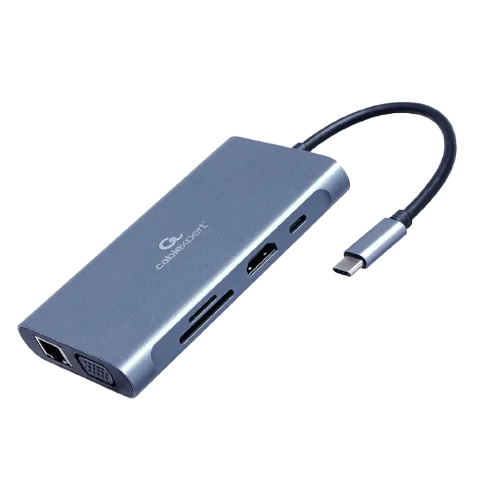 Видеоадаптер Cablexpert A-CM-COMBO7-01, USB Type-C - LAN, VGA, HDMI, USB Type-C, USB Type-A, SD card-reader, Серый - photo