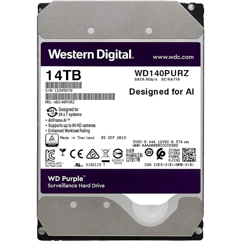 Жесткий диск Western Digital WD Purple, 3.5", 14 ТБ <WD140PURZ> - photo