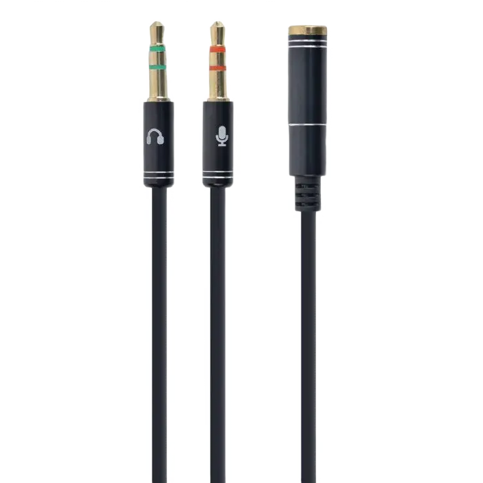 Audio Adaptor Cablexpert CCA-418M, 3.5mm 4-pin (F) - 2x3.5mm 3-pin (M), 0,2m, Negru - photo