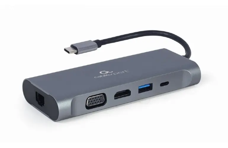 Adaptor Video Cablexpert A-CM-COMBO7-01, USB Type-C - LAN, VGA, HDMI, USB Type-C, USB Type-A, SD card-reader, Gri - photo