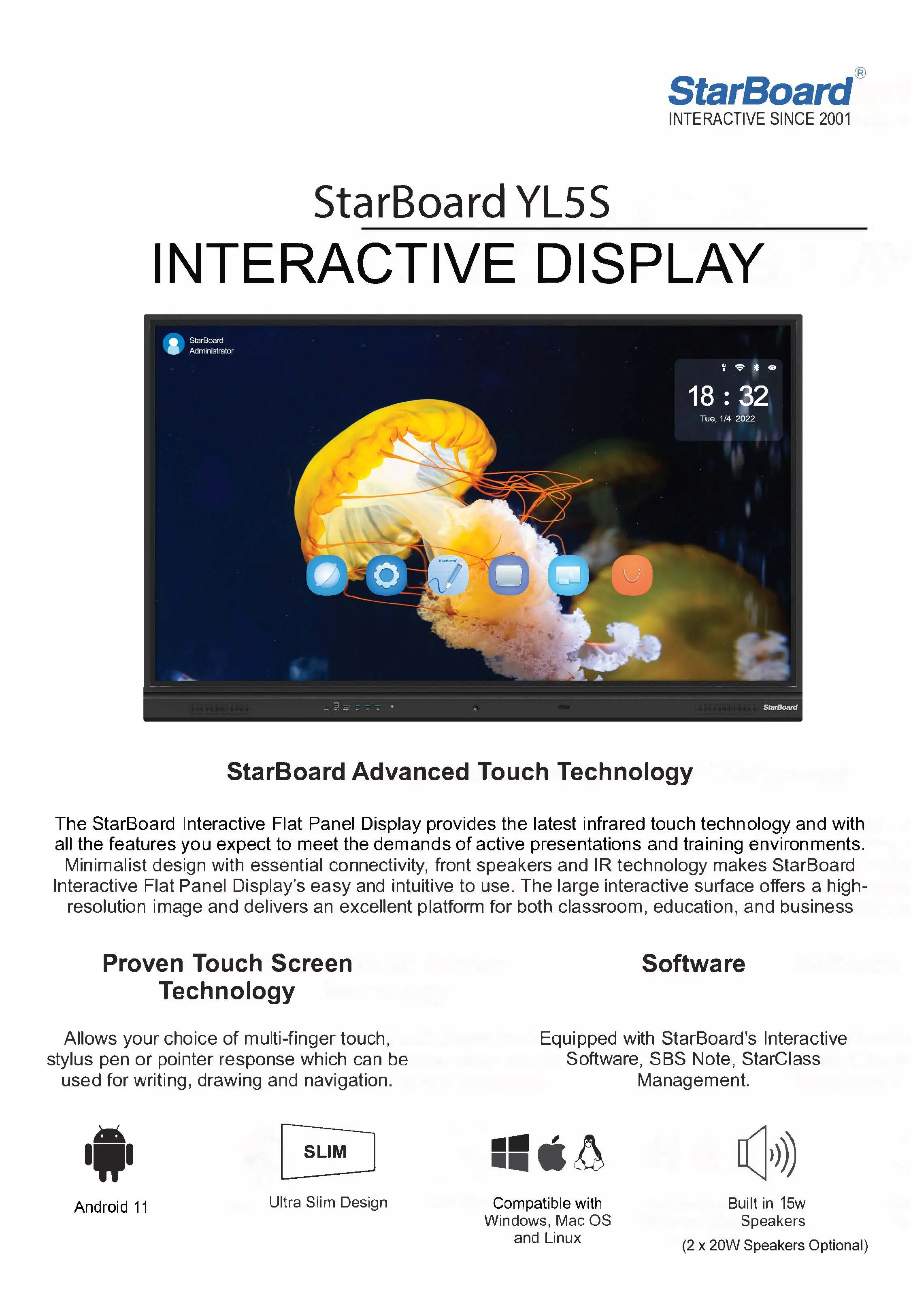 Interactive Display StarBoard IFPD-YL5-86AOC: 86", 4K, Touch, Android 11 - photo