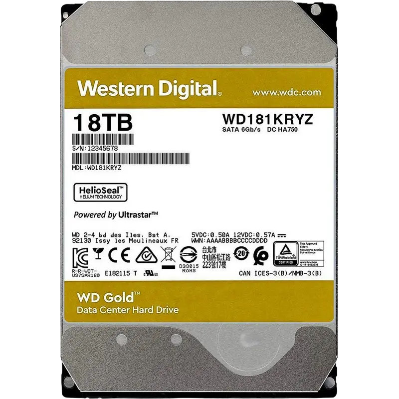 Жесткий диск Western Digital WD Gold, 3.5", 18 ТБ <WD181KRYZ> - photo