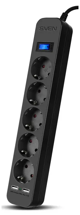 Surge Protector   5 Sockets,  1.8m,  Sven SF-05LU, 2 USB ports charging (2.4A), Black - photo