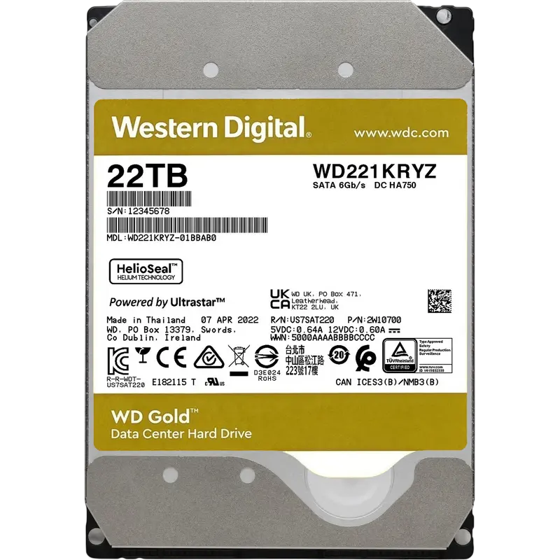 Жесткий диск Western Digital WD Gold, 3.5", 22 TB <WD221KRYZ> - photo