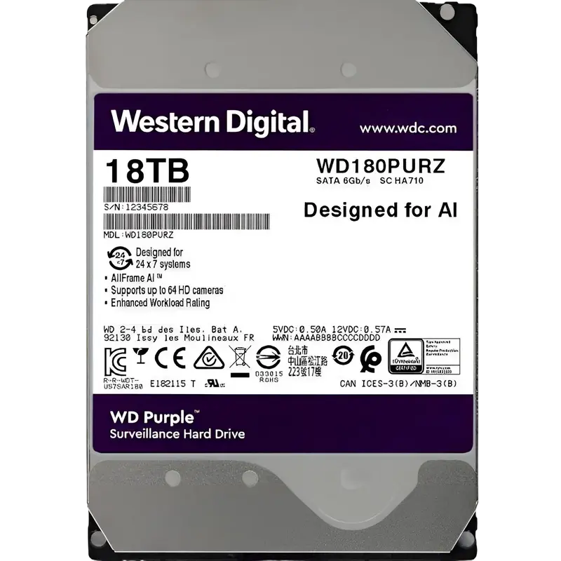 Жесткий диск Western Digital WD Purple, 3.5", 18 ТБ <WD180PURZ> - photo