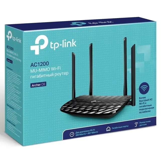 Wi-Fi AC Dual Band TP-LINK Router, "Archer C6", 1200Mbps, Gbit Ports, MU-MIMO