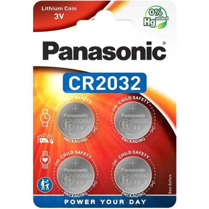Дисковые батарейки Panasonic CR-2032EL, CR2032, 220мА·ч, 4шт. - photo