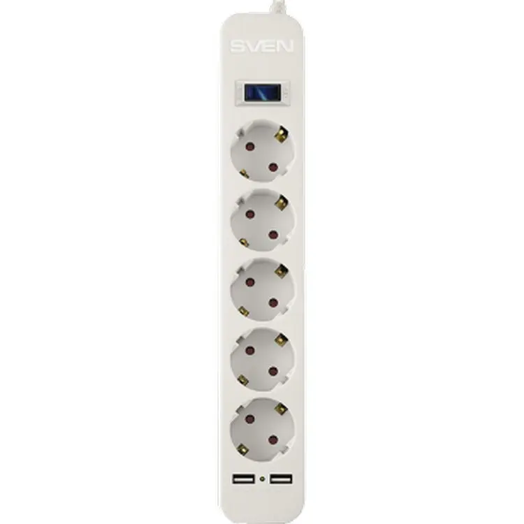 Surge Protector   5 Sockets,  1.8m,  Sven SF-05LU, 2 USB ports charging (2.4A), White - photo