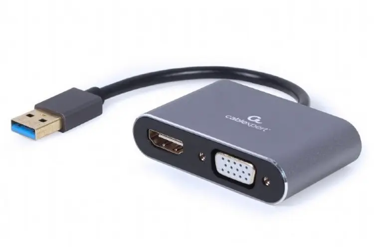Видеоадаптер Cablexpert A-USB3-HDMIVGA-01, USB Type-A - VGA, HDMI, 0,15м, Серый - photo