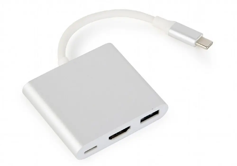 Видеоадаптер Cablexpert A-CM-HDMIF-02-SV, USB-C (M) x USB-C (F) - XHDMI (F) x USB A (F), 0,1м, Серебристый - photo