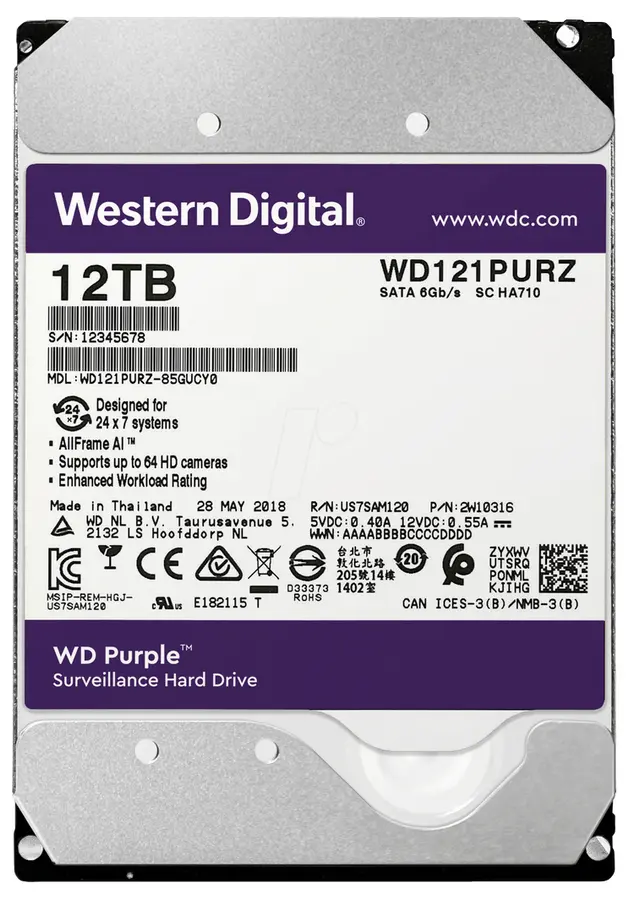 3.5" HDD 12.0TB-SATA-256MB Western Digital  "Purple (WD121PURZ)", Surveillance, CMR - photo