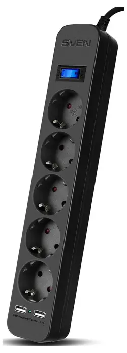 Surge Protector   5 Sockets,  5.0m,  Sven SF-05LU, 2 USB ports charging (2.4A), Black - photo