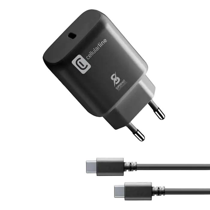 Зарядное устройство Cellularline USB-C Charger Kit 25W - USB-C to USB-C, 25Вт, Чёрный - photo