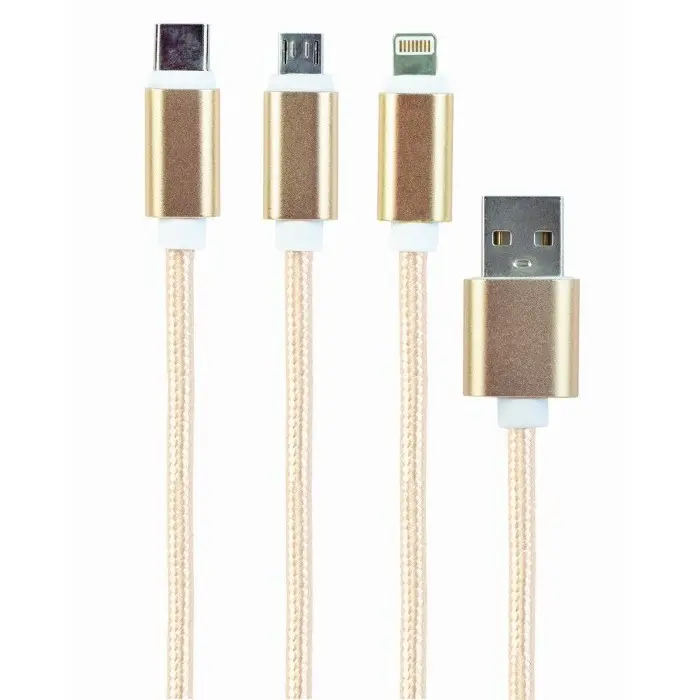 Cablu încărcare și sincronizare Cablexpert CC-USB2-AM31-1M-G, USB Type-A/Micro USB, Type-C, Lighting, 1m, Auriu - photo