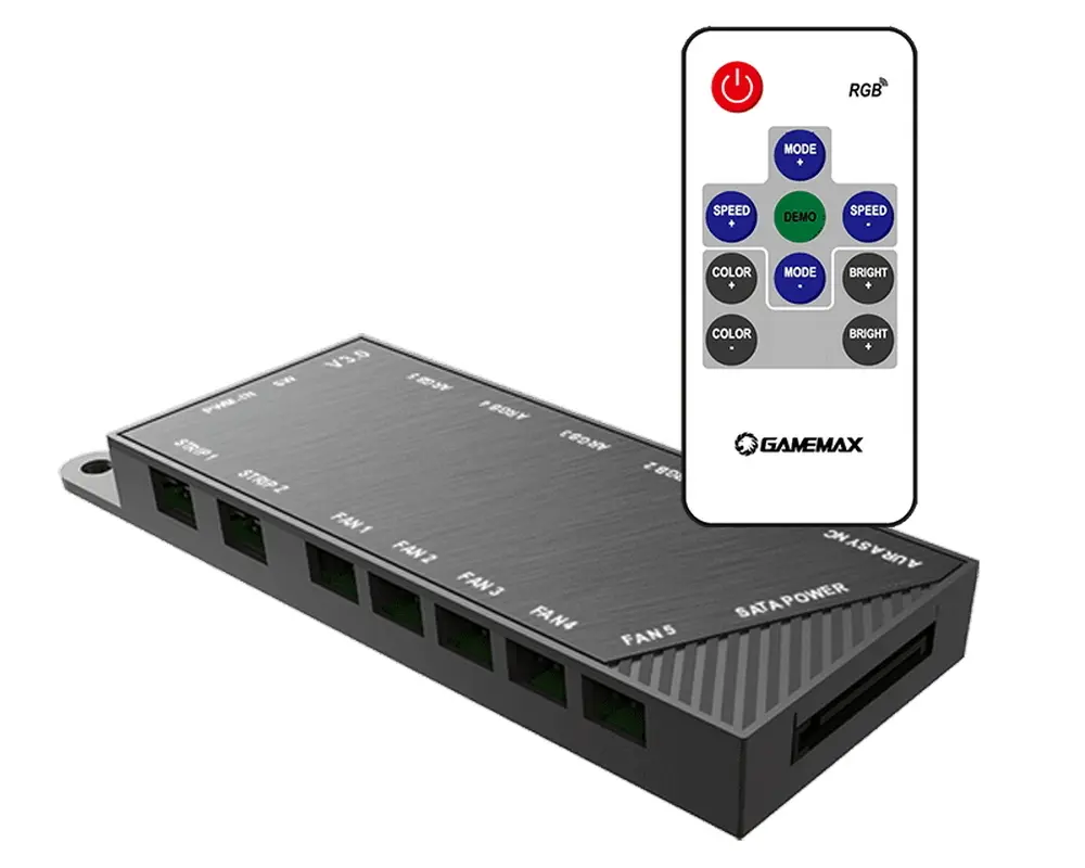 Fan Hub Gamemax Controller v3.0, 5 ports, 2 strips(3-pin), up to 24W, ARGB, PWM, Remote Control - photo
