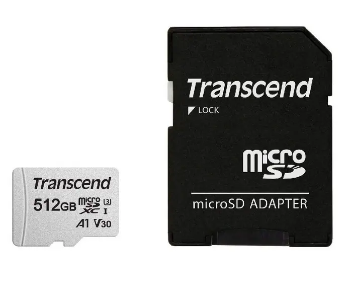 512GB MicroSD (Class 10) UHS-I (U3) +SD adapter,  Transcend "TS512GUSD300S" (R/W:95/45MB/s) - photo